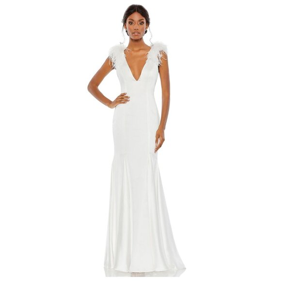 NWT Mac Duggal Feather Shoulder V-Neck Column Gown White 8 #7717 - Picture 1 of 9